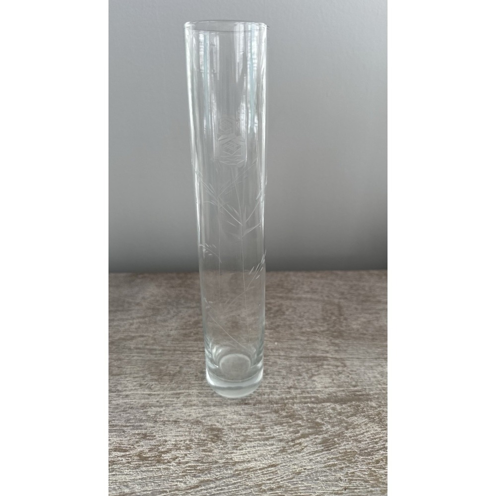 Vintage Slim Glass Bud Vase Etched Rose Floral Design Elegant Clear Decor